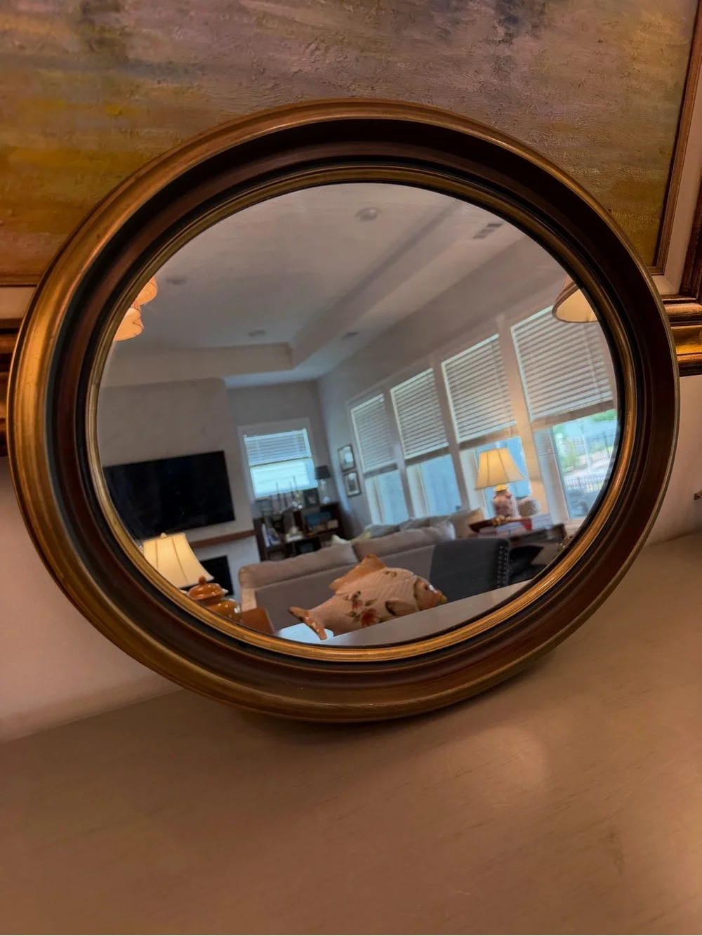Antique Victorian Walnut Wooden Oval Wall Mirror 21x17” Gold Detail Deep Frame